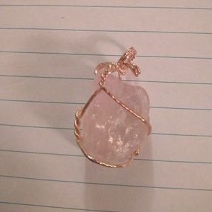Gold wire wrapped rose quartz. Pendant.